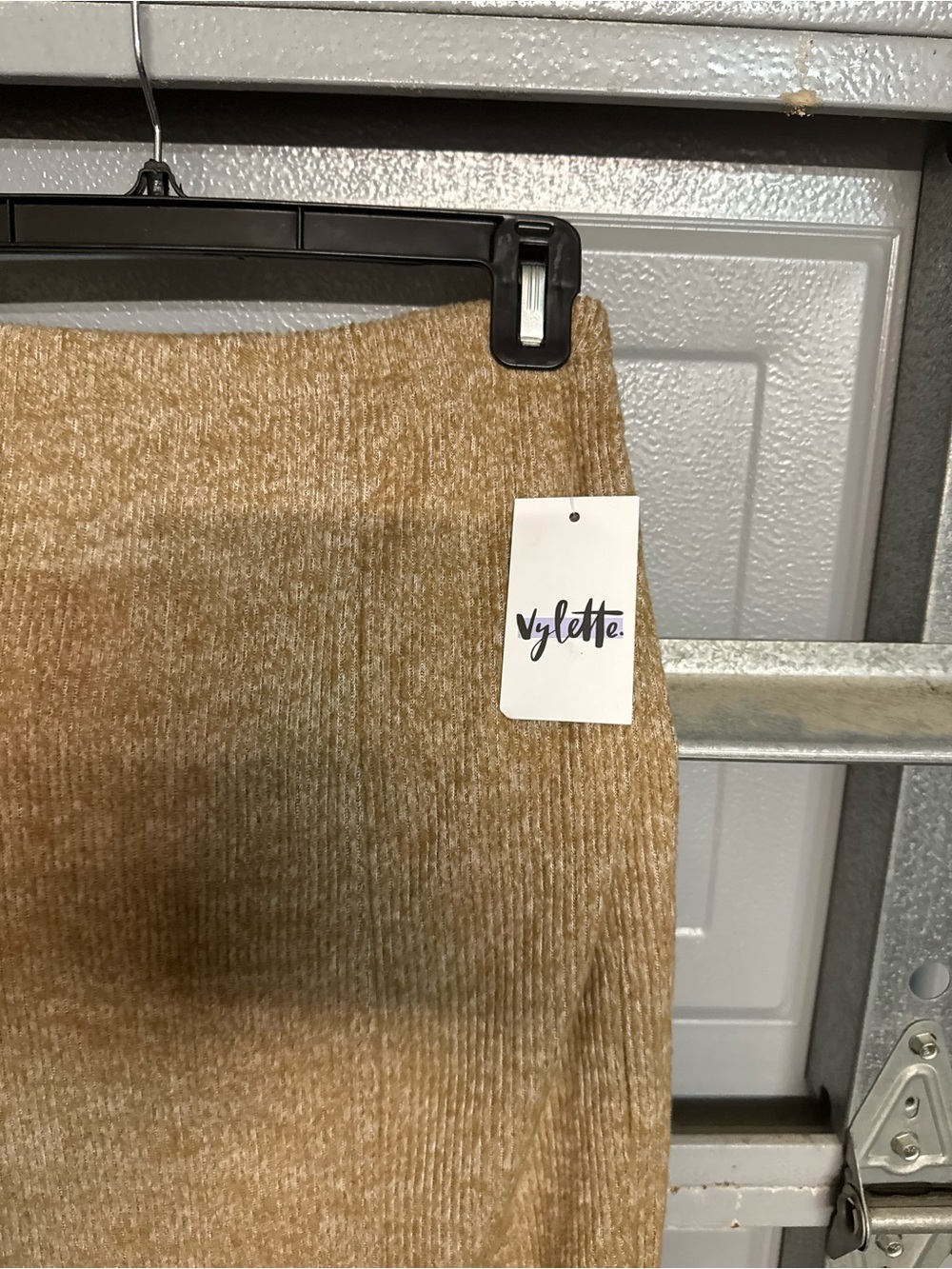 Ribbed Midi Pencil Skirt with Side Slit - Tan - Picture 4 of 7